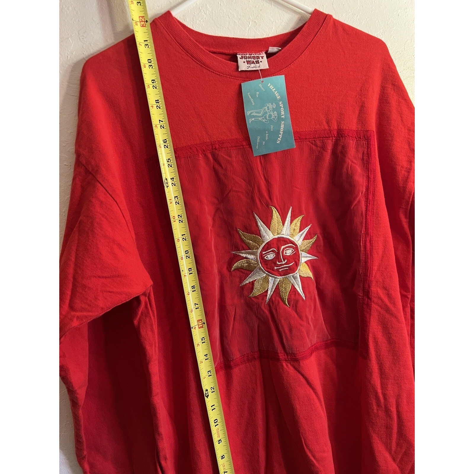 Johnny Was Vintage Gold Sun Embroidered T-Shirt Red Cotton One Size Boho — image 5 of 6